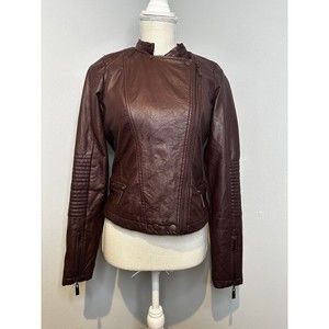 Jou Jou Women's Maroon Vegan Leather Fitted Moto‎ Style Jacket Size Small